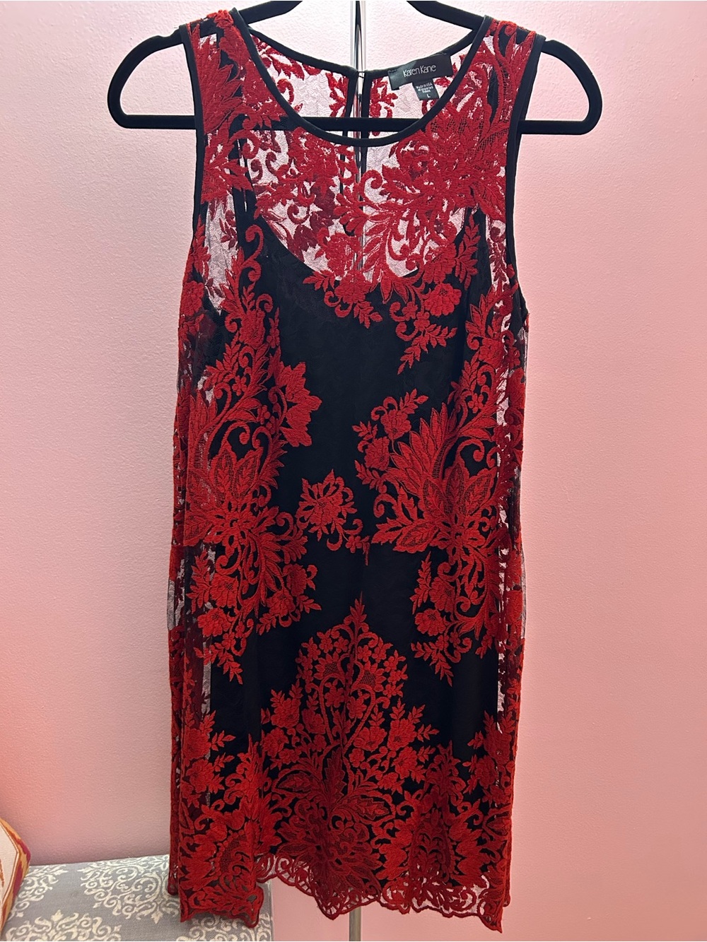 Karen Kane Black Dress with Red Lace Overlay
